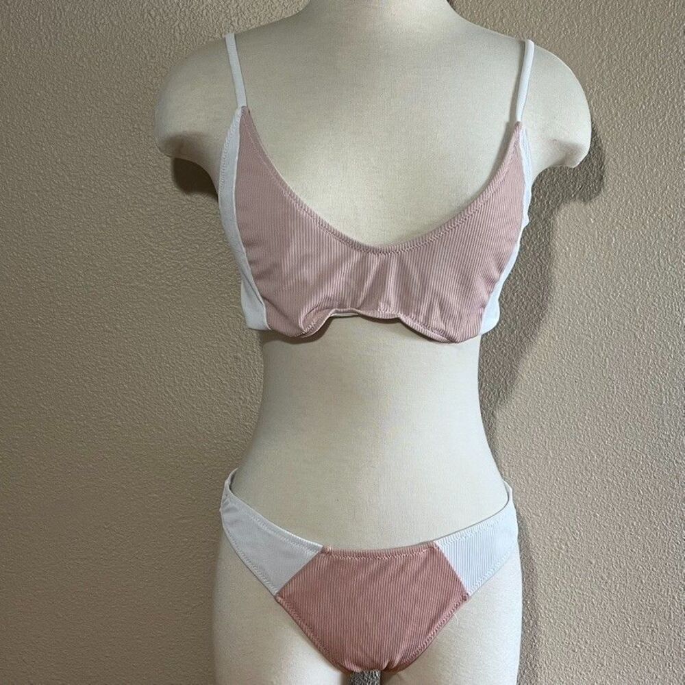 Pretty Little Thing Bikini 10 White Blush Pink Color Block Ribbed Minimalist